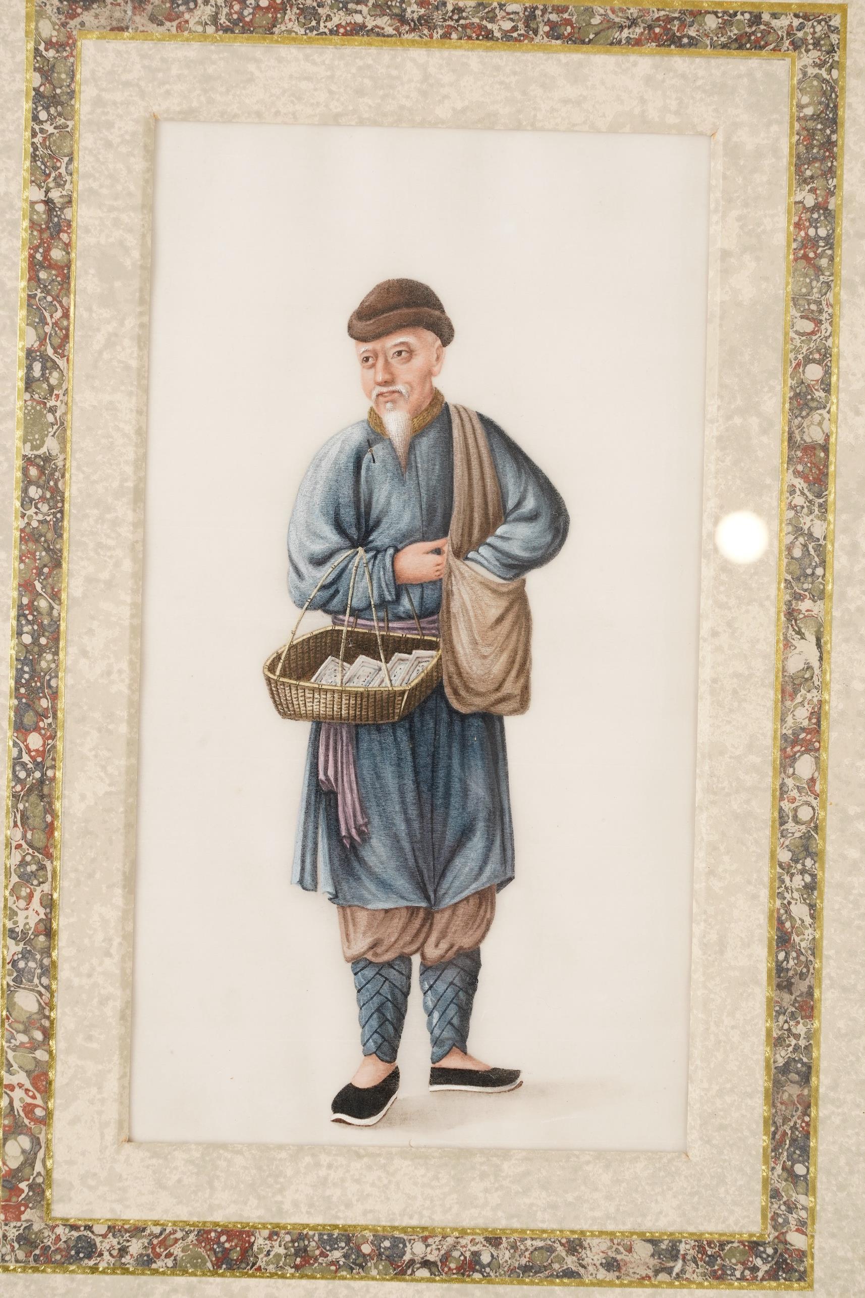 Circle of Youqua , Chinese (Mid 19th century), Street vendors, A set of six watercolours on pith paper, Image 23cm x 12.2cm